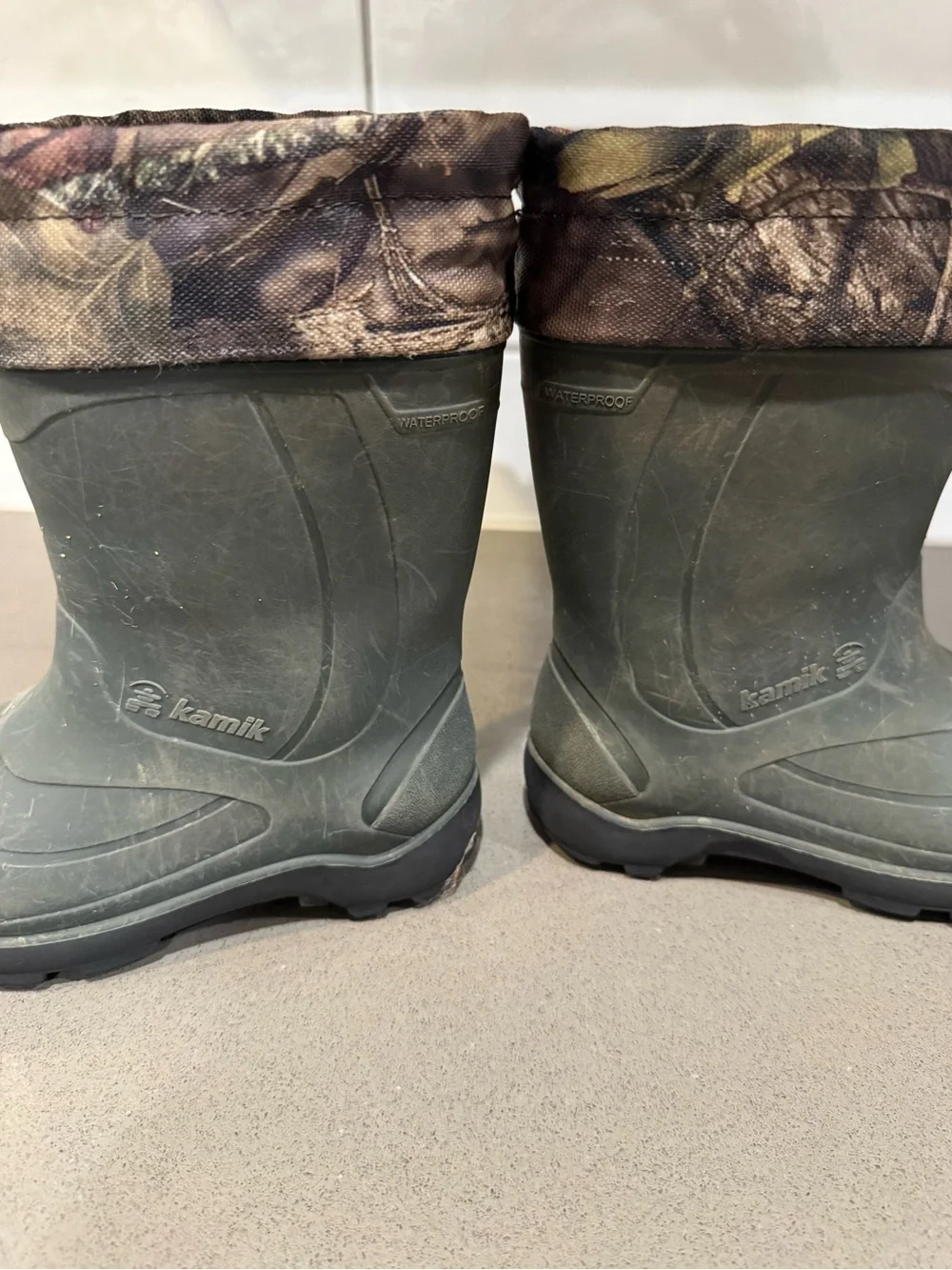 Kamik Kids Olive Green Camo-Trim Waterproof Rain Boots
